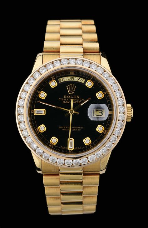 rolex day date gold black dial leather|18k gold rolex with diamonds.